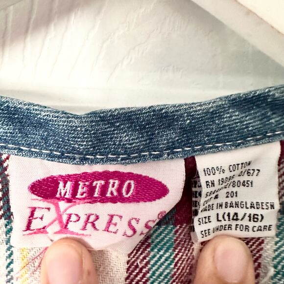 Metro Express Vintage Denim Chambray Red Plaid Flannel Back Button Vest L 14/16 - Picture 6 of 12